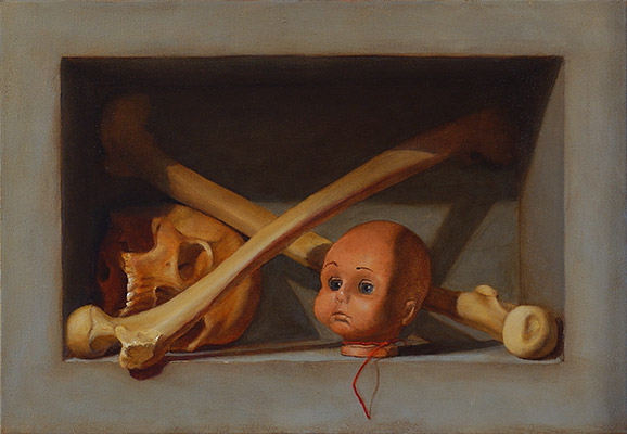 Skull, Bones, Doll Head Still Life Painting
